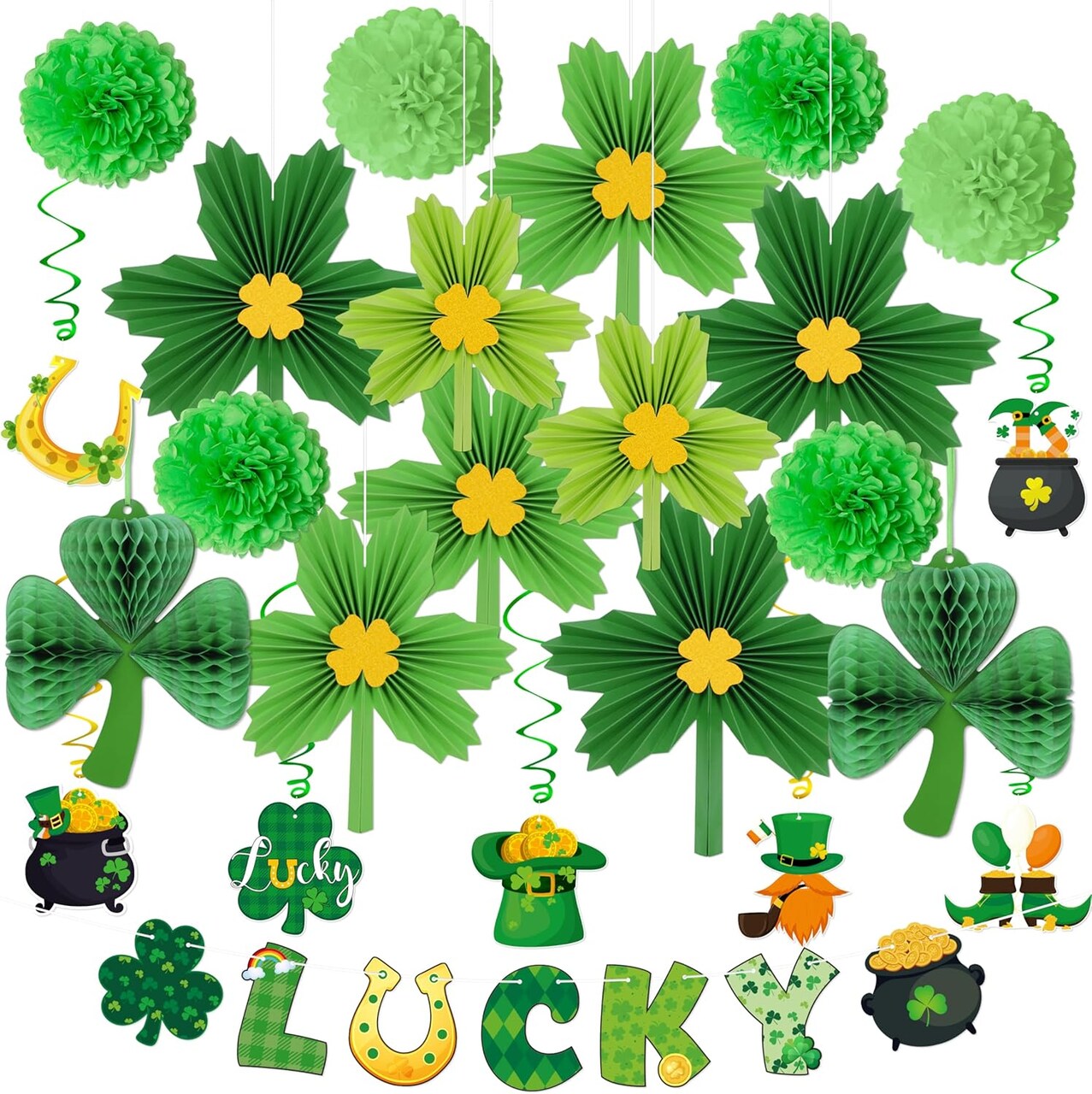 St. Patrick’s Party Supplies: 24-Piece Shamrock Hanging Decorations Set – Paper Fans, Pom Poms, Honeycombs & Lucky Banner for Ceiling & Party Decor